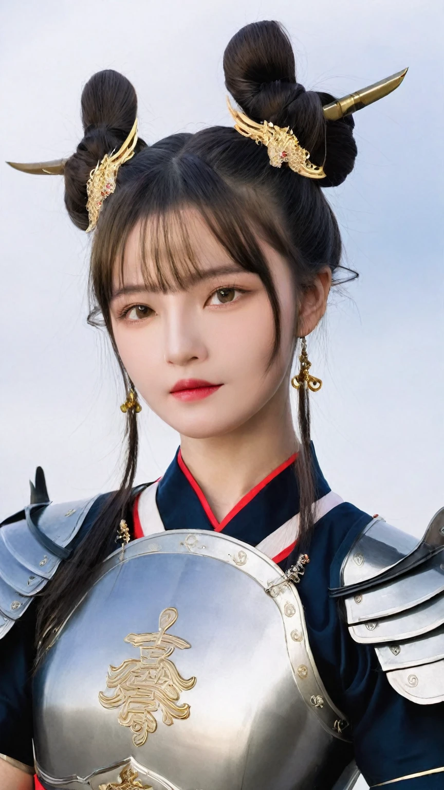 16years old,Anger,1girl,adolescent,bangs,((Armor)),(double bun),masterpiece,best quality,Chinese armor,Qin Dynasty armor,