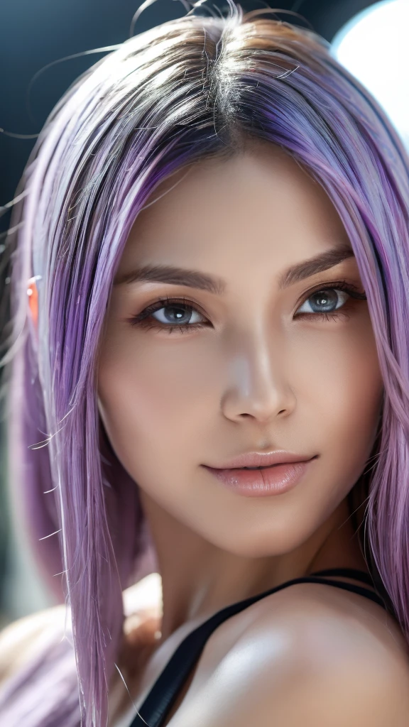 a detailed realistic portrait of a woman, white skin, long purple hair, beautiful detailed eyes, beautiful detailed lips, extremely detailed face, highly detailed skin texture, hyper realistic, realistic lighting, photorealistic, cinematic lighting, 8k, best quality, masterpiece, award winning, sharp focus, ultra-detailed, high-resolution, physically-based rendering, vivid colors, natural skin tones