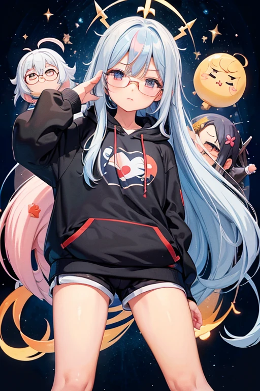 Angelic French doll, Stocky, Brightly colored hoodies, In shorts, Blue Hair ,Disheveled long hair, (anime: 1.2), Wearing glasses, Asymmetrical bangs, masterpiece, Tengu, (Fortuneteller: 0.8), (sleepy: 0.8), Intimate, フレンドリー, 風を受けている, 濡れた髪, anime, ざぁこ♡