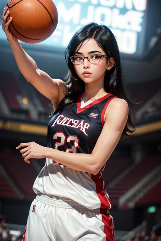 Basketball player number 9, glasses, straight black hair, whole body