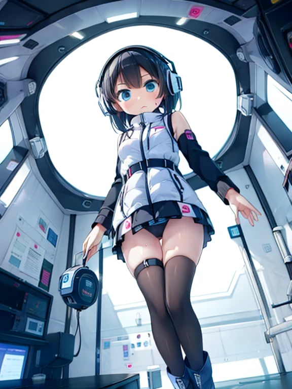 (Highest quality), (masterpiece), 1080P, High resolution, 4K, 8k, Inside the space station、Futuristic room、jumping:1.5,zero gravity,floating,Thigh straps, Shooting from directly below, The woman on top of me, 白いSweat, Covered , Sweat, Woman looking down, Skirt swimsuit, I can see your pants。BREAK black long sleeves,black tights,BREAK thigh-high socks, futuristic boots,headphone,To achieve this, , , whole body, Black leather shoes, Braided hair, Inner Color, Embarrassed face, Short black hair, bracelet, Bedroom,white downVest,celestial body_Vest
