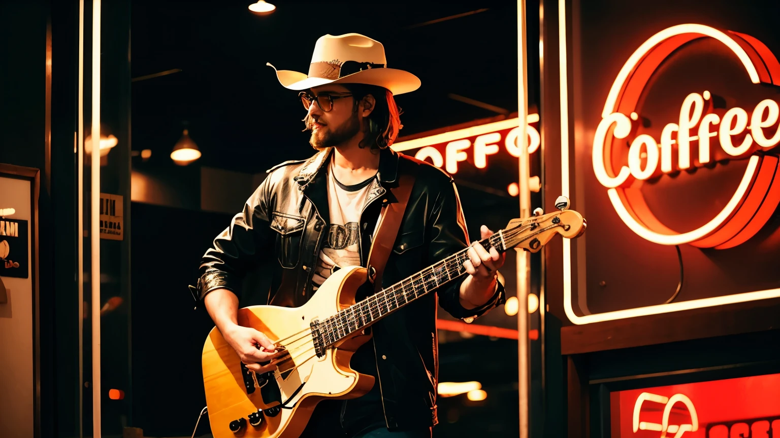 a man in country style clothes holding a bass guitar in front of a coffee shop with a neon sign in lofi cyberpunk style