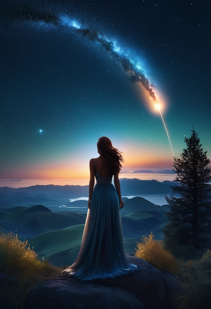 A cinematic scene set in the heart of nature, featuring a single woman under a stunning night sky filled with bright stars. A large, glowing, round meteor is falling from the sky, adding to the magical atmosphere. The meteor shines brightly and illuminates the scene with its radiance. The scene is highly detailed and enchanting, capturing a sense of wonder and awe with its mystical and dreamlike quality.