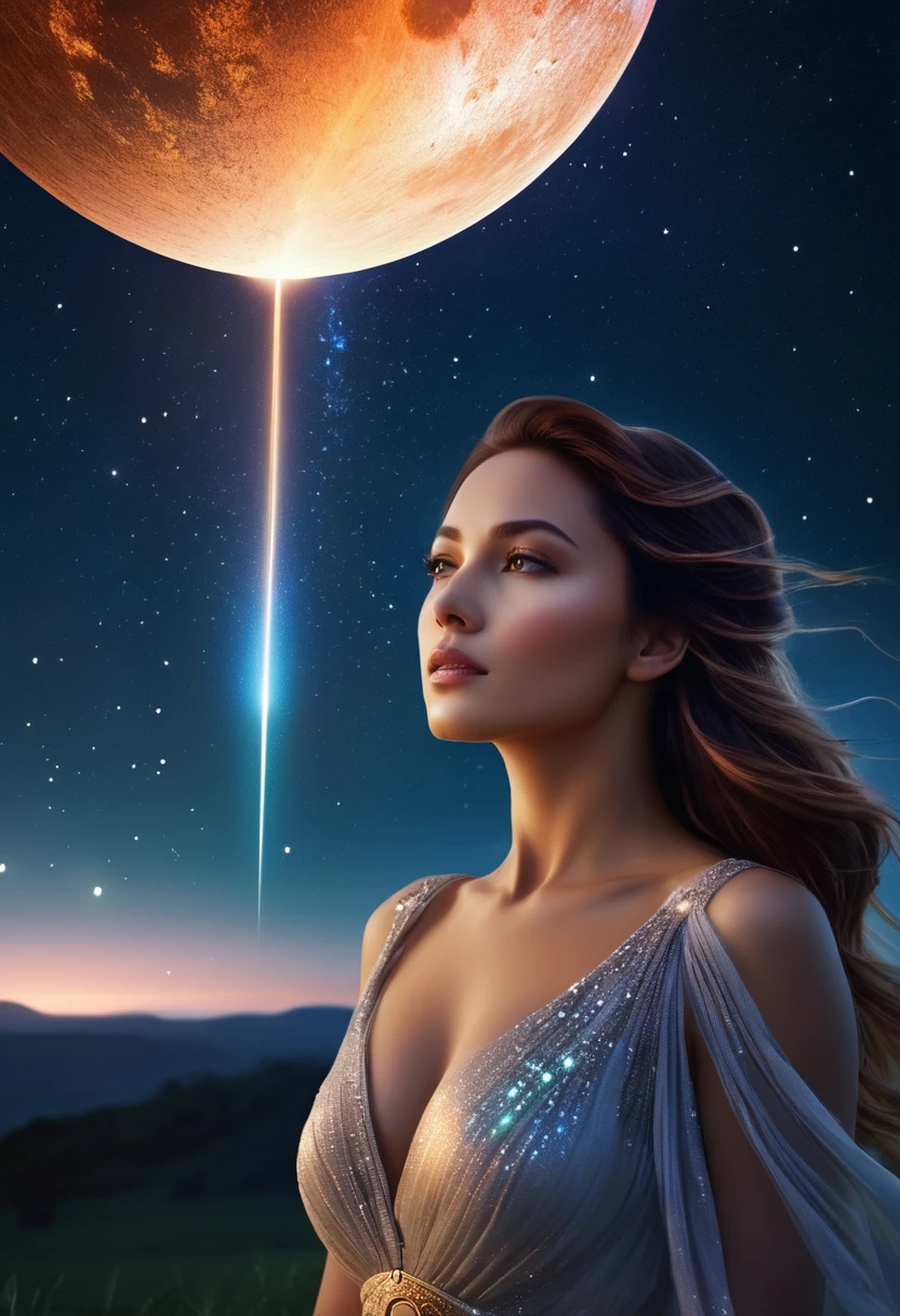 A cinematic scene set in the heart of nature, featuring a single woman under a stunning night sky filled with bright stars. A large, glowing, round meteor is falling from the sky, adding to the magical atmosphere. The meteor shines brightly and illuminates the scene with its radiance. The scene is highly detailed and enchanting, capturing a sense of wonder and awe with its mystical and dreamlike quality.