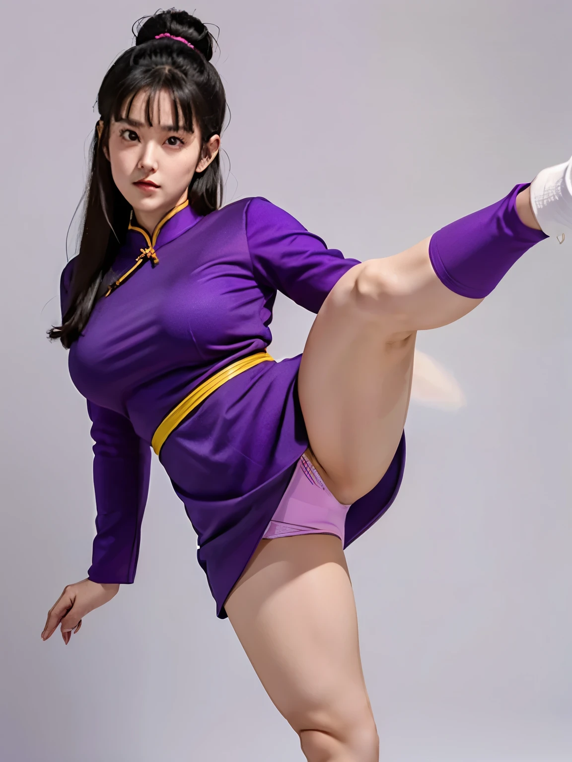 (masterpiece:1.2, best quality:1.2), (1girl), professional lightings, cinematic lightings, 8k wallpaper, ultra realistic portrait of chichi, dragonball, chichi_dbz, ultra realistic mature older face, ultra detailed mature older face, realistic wrinkles on face and eyes, detailed wrinkles on face and eyes, (purple china dress:1.15, long sleeve pink shirt under china dress:1.15, ultra realistic string panties in dress, ultra detailed panties in dress), bangle, bracelet, bare foots, detailed face, detailed eyes, highres, detailed skin texture, ultra slim waist, perfect slim body style, black hair, (dango hair:1.25, parted long bangs:1.1), big eyes, double eyelids, (((ultra huge breasts, ultra huge tits, ultra huge boob, ultra huge cleavages))), (no back ground, white back ground), (((one side leg up highly with standing, Ultra-realistic high kick pose, Ultra-detailed high kick gesture))), anger face, mad face, 