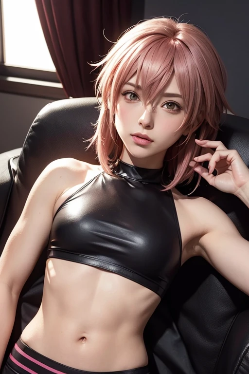 astolfo de fate grand order, She has an androgynous body which wears a crop-top that only covers the character&#39;s chest but from there has an opening that opens in such a way that it gives the impression of a fabric as a curtain pulled back as if emulating a dress train up to the back. floor, wears a mini skirt that hangs from a navel piercing, wear wear garter belt, Wear heels, It is styled with a high ponytail and which is held at the bottom of the head with a large bun., He is in a somewhat cocky position and holding a glass of champagne., In addition to having several bracelets on both arms, the full body shows