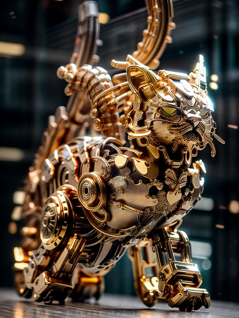1 cat, best quality, 8k, masterpiece, realistic, depth of field, long exposure, selective focus, low angle shot, IvoryGoldAI:1.2, gold and white metal cat:1.3, full body, long exposure, very complicated pattern derive from fur:1.2, white and gold mechanical cat:1.3, gears:1.3, clockwork cat:1.3, shiny, correct cat anatomy:1.2