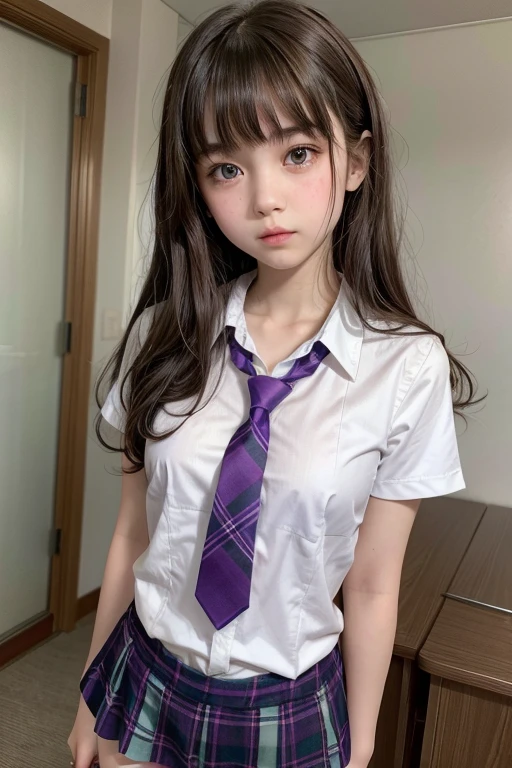 blunt bangs,wavy Hair,junior high school girl,she is .purple plaid tie,white shirt,slender,small breasts,green eyes
