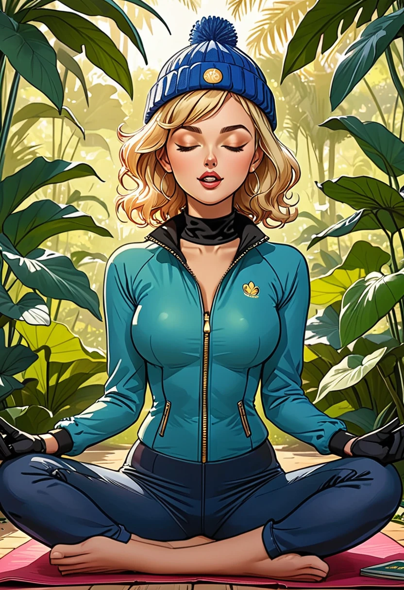 (((open mouth))), (fullbody), lotus pose,tropical green background, palm, tropical forest,((girl in Blue zipped up down winter jacket and black turtleneck )) and (jeans) and blue gloves and (((blue winter hat)))) in a lotus pose, adult, [Nordic], Hourglass elongated fitness body, perfect Olive skin, Oval Face, Long neck, Rounded shoulders, perfect hand, Attached Pointed ears, round forehead, (Short blonde Waves pixie hair), snub nose, Arched eyebrows, ((closed Eyes)), High Round Narrow cheekbones, Dimpled Cheeks, Rounded Chin, Rounded Jawline, Full nude Lips, (closed eyes), Nude Makeup Look, long eyelashes, third breast size, long slim fitness legs, graphic style of novel comics, perfect hands, 2d, 8k, hyperrealism, masterpiece, high resolution, best quality, ultra-detailed, super realistic, Hyperrealistic art, high-quality, ultra high res, highest detailed, lot of details, Extremely high-resolution details, incredibly lifelike, colourful, soft cinematic light,
