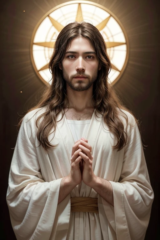 "create an image of Jesus Christ in high definition. He must be portrayed with a serene and compassionate countenance, looking directly at the observer. The image should capture the essence of your kindness and wisdom. Jesus must be represented in a flowing white robe, standing out against a soft, heavenly background. The scene should have soft lighting, radiating from Jesus, symbolizing his divinity. The artistic style should be realistic, with detailed details on the face, hair and hands. Colors should be harmonious and natural, creating a feeling of peace and tranquility. Include Subtle Symbolic Elements, like a light golden halo around your head and a background with nuances of celestial light and serene landscapes."