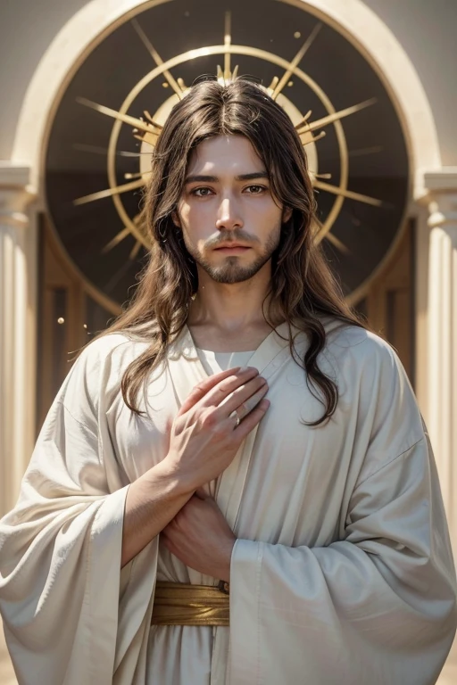 "create an image of Jesus Christ in high definition. He must be portrayed with a serene and compassionate countenance, looking directly at the observer. The image should capture the essence of your kindness and wisdom. Jesus must be represented in a flowing white robe, standing out against a soft, heavenly background. The scene should have soft lighting, radiating from Jesus, symbolizing his divinity. The artistic style should be realistic, with detailed details on the face, hair and hands. Colors should be harmonious and natural, creating a feeling of peace and tranquility. Include Subtle Symbolic Elements, like a light golden halo around your head and a background with nuances of celestial light and serene landscapes."