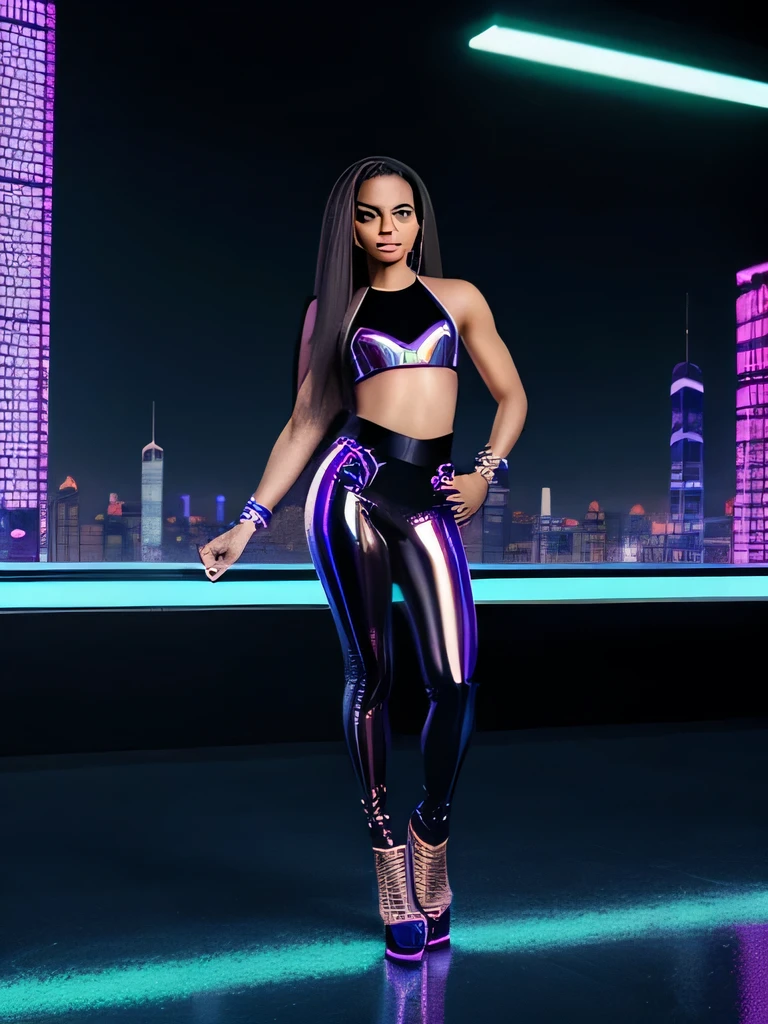 Young skinny Jasmine Guy long straight hair as a sexy urban singer, holographic short spandex, no glasses, shoes, cyber punk neon city, sexy pose, promo shoot