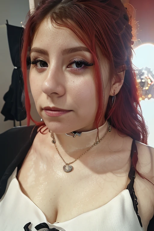 (masterpiece, best quality: 1.2), 1 girl, goth makeup, nude solo, latina, redhead, /close-up of boobs), amateur photo, selfie, sexy, puta, bare , nsfw, sexy, nude, amateur photo, sad look, looking down at viewer, natural skin texture, motel bedroom, neon lights, 24mm, 4k textures, bright cinematic light, RAW photo, photorealism, photorealistic, intricate, elegant, highly detailed, sharp focus, ((((((cinematic look)))), soft tones, insane details, intricate details, hyperdetailed, low contrast, soft cinematic light, bright colors, exposure mix, hdr, wearing choker,
