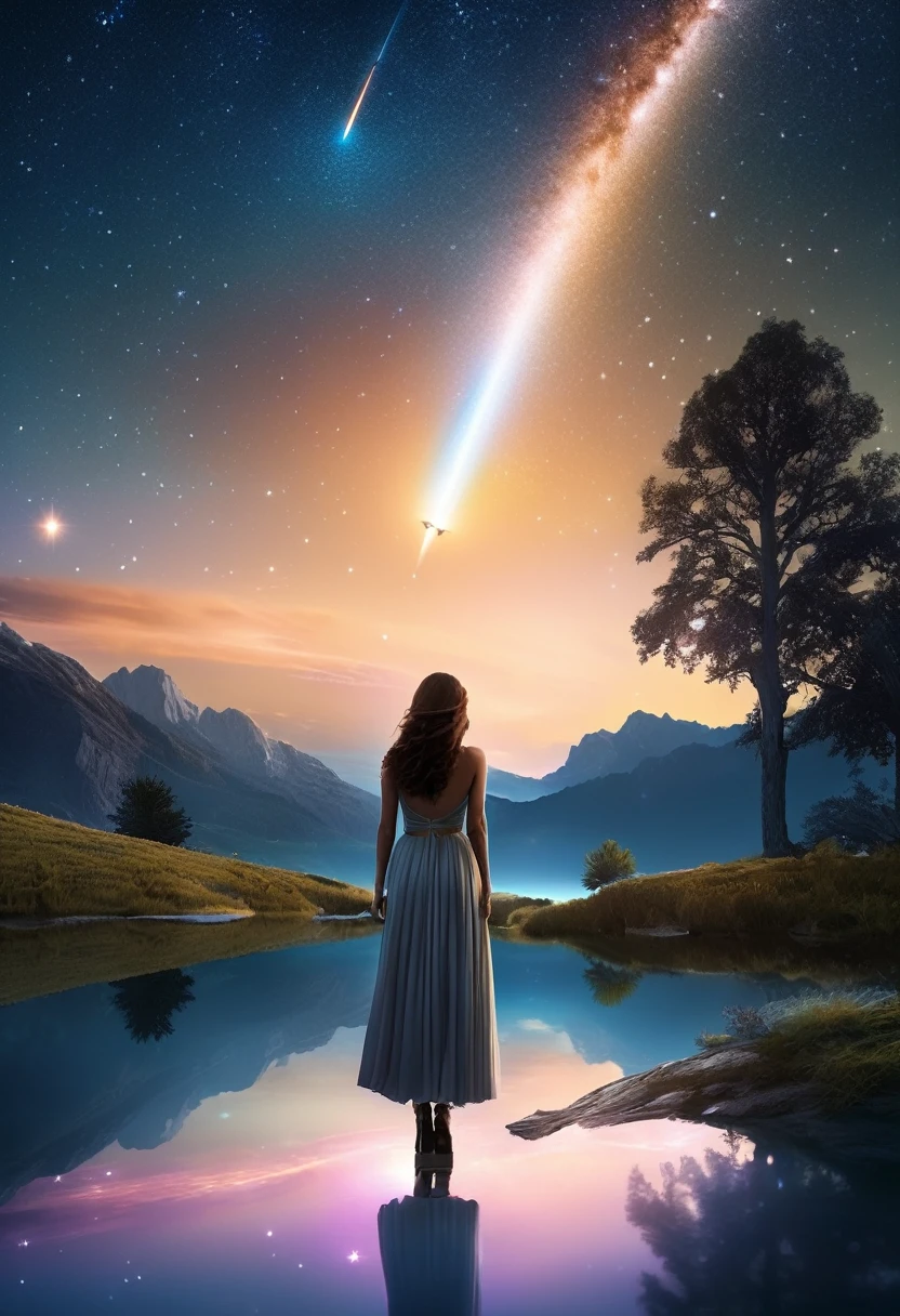 A cinematic scene set in the heart of nature, featuring a single woman under a stunning night sky filled with bright stars. A large, glowing, round meteor is falling from the sky, adding to the magical atmosphere. The meteor shines brightly and illuminates the scene with its radiance. The scene is highly detailed and enchanting, capturing a sense of wonder and awe with its mystical and dreamlike quality.