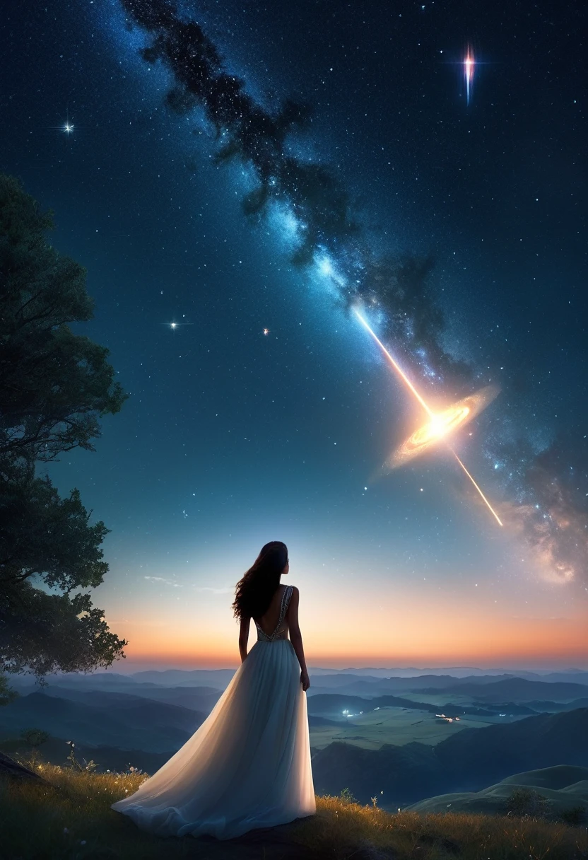 A cinematic scene set in the heart of nature, featuring a single woman under a stunning night sky filled with bright stars. A large, glowing, round meteor is falling from the sky, adding to the magical atmosphere. The meteor shines brightly and illuminates the scene with its radiance. The scene is highly detailed and enchanting, capturing a sense of wonder and awe with its mystical and dreamlike quality.