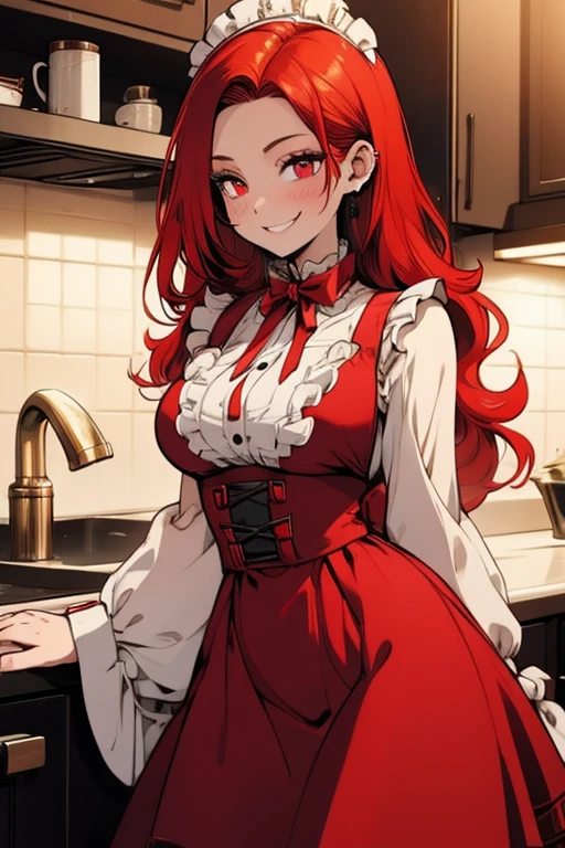 Perfect face. Perfect hands. A red haired woman with red eyes and an hourglass figure in a Lolita maid dress is smiling in a fancy kitchen