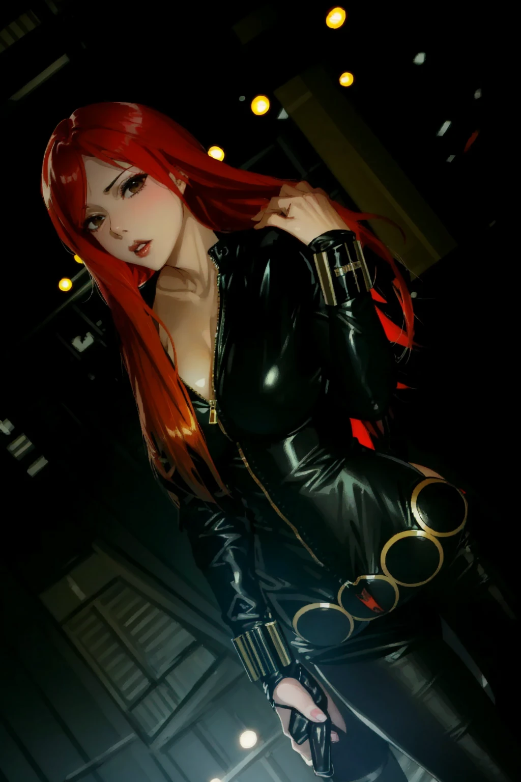 The image features Black Widow from the Marvel Universe. Dressed in a sleek skin-tight shiny black latex bodysuit with a deep-cut zipper neckline revealing a large chest, the silver zipper running down the front. The suit is complemented by her golden wrist guard on both wrists and a belt made of golden circles around her waist. She poses with one hand on her hip holding a gun and the other touching her long red straight hair. The image's background is dark with light elements, creating a mysterious ambiance.