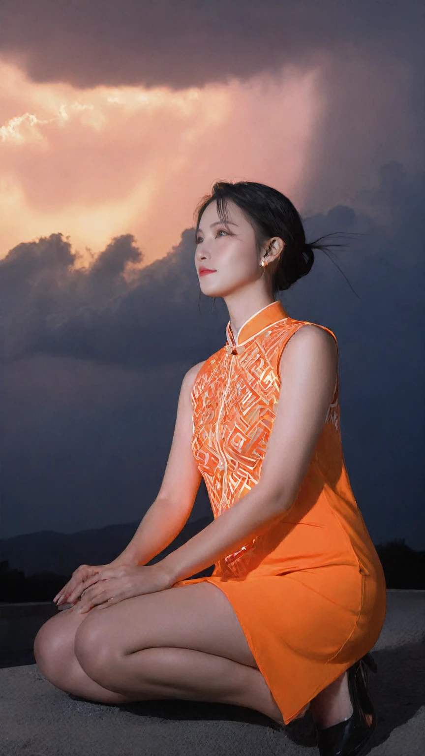 1 white girl,extremely beautiful,wearing sexy qipao,tattoo,red neon lightning,cinematic scenes,cinematic shots,cinematic lighting,volumetric lighting,ultra-detailed,highly detailed,hyper-detailed,realistic,ultra-realistic,hyperrealistic,HD,IMAX,8K resolutions,ultra resolutions,sharp focus,magnificent,best quality,masterpiece,with glowing word "XUER",golden hour,aesthetic of mosaic art,unconventional supreme masterpiece,masterful details,temperate atmosphere.          (balanced center composition:0.5),with a high-end texture,in the style of fashion photography,magazine cover,Dynamic Angle,Dynamic posture,Perspective,High Point,pov,clouds on the ground,dark grey sky with neon orange clouds,glowing neon light orange and pink color tone,low saturations,dim lighting,