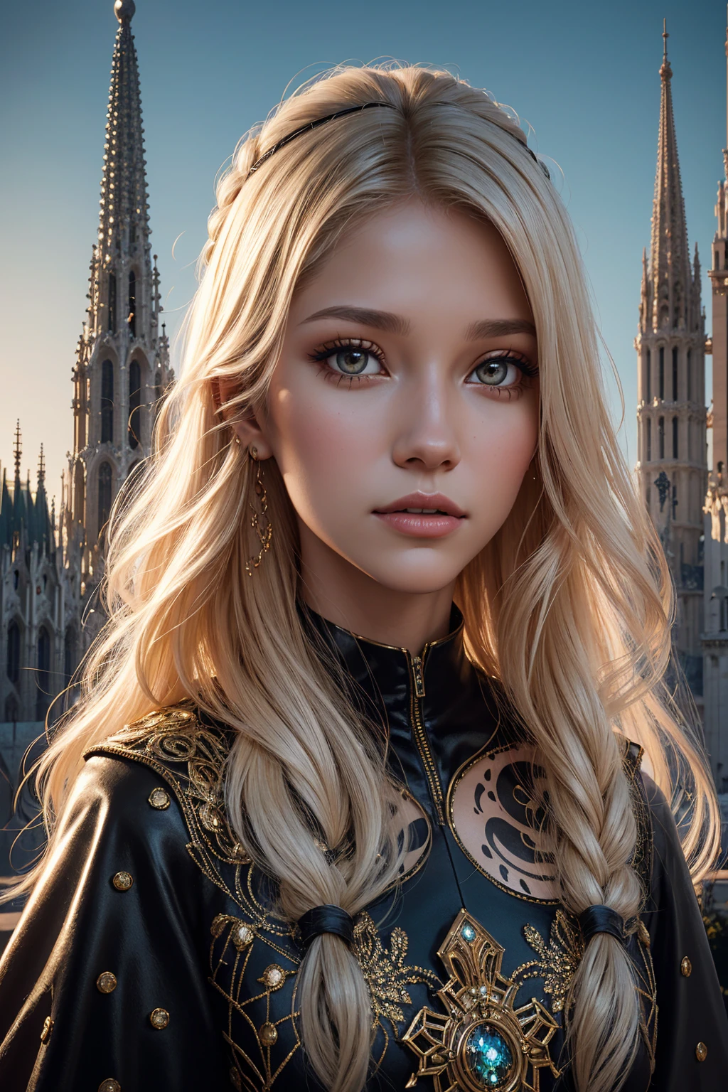 portrait Anna Kournikova, wearing Dalmatian fur costume, with the Sagrada Familia in the background, character portrait, 3 9 9 0 s, wavy hair, intricate, elegant, highly detailed, digital painting, artstation, concept art, smooth, sharp focus, illustration, art by wlop, charlie bowater and alexandra fomina, 36k, glittering, shining, correct anatomy
