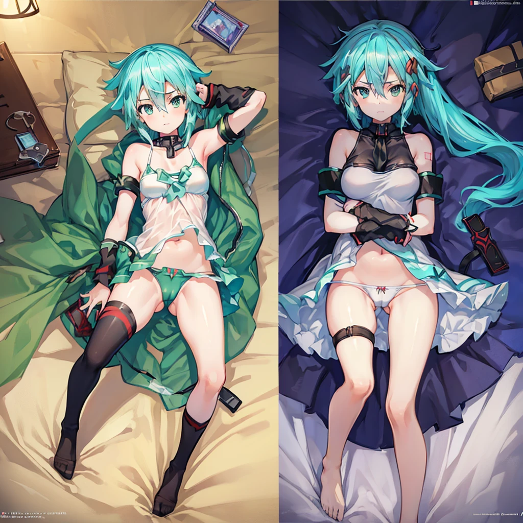 ((dakimakura, girls, spreading legs, )), 
(((     Sinon     ))), swimsuit , creampie, cameltoe, (masterpiece, best quality, ultra detailed), (cinematic lighting), 