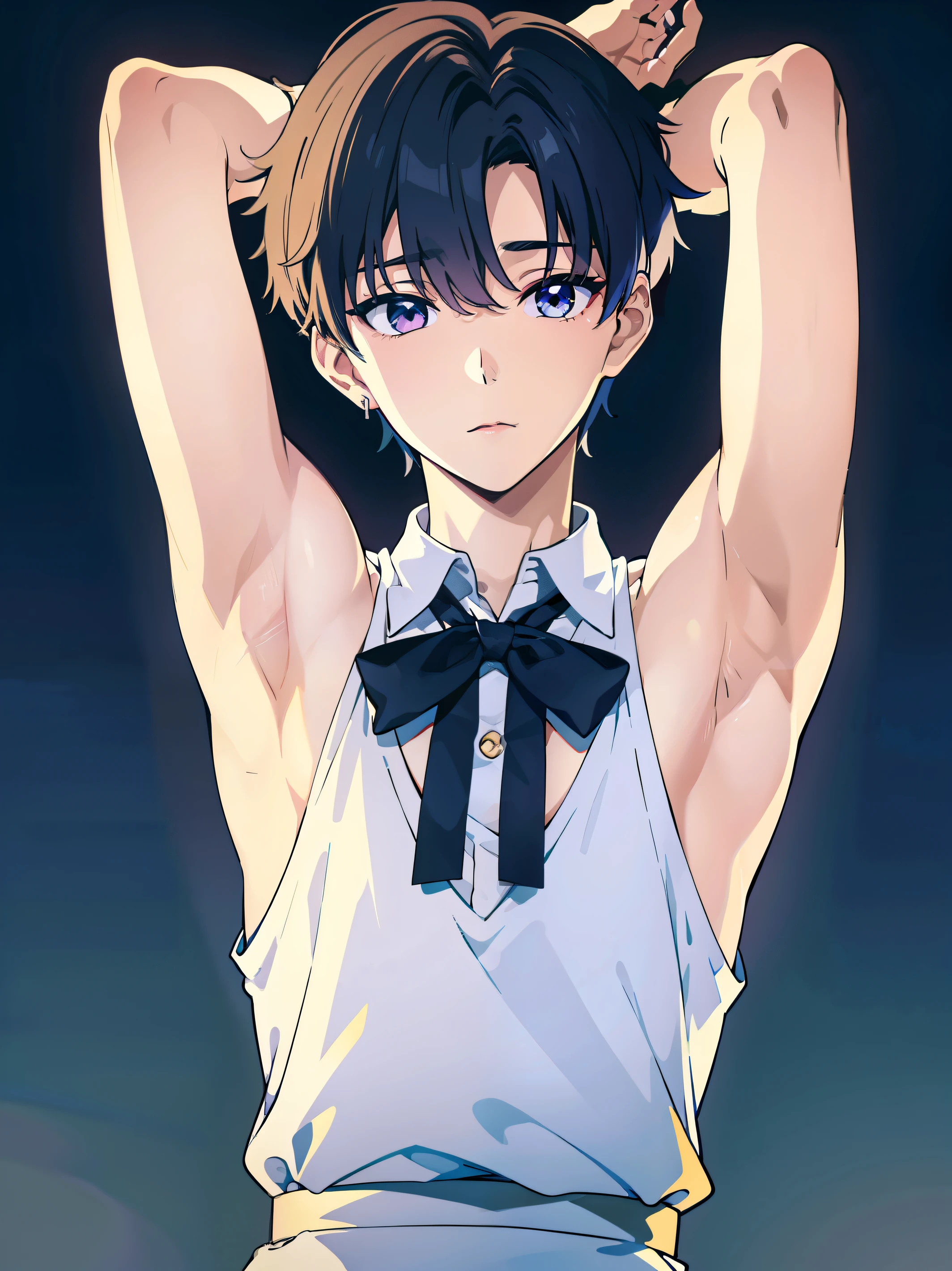 Highres, Masterpiece, Best quality at best,Best Quality,hight quality, hight detailed, Anime style, age 12, 1boy, Boy, Shota, Solo person, young man, Kpop, upper body, slim body, Sleeveless vest, waiter, Bow tie, choker, bare shoulder, grey background, (Showing armpit:1.3), Give me a picture of the armpit of a young boy, the armpit looks clean and smells good, the armpit is very beautiful, the boy is teasing using his armpit, shine closer to the armpit, Cute armpit, Sexy armpit, seductive armpits, Such a cute smooth armpit, The armpits of a 12 year old boy, Adorable little armpits, Give me a proportional picture of a 12 year old boy's armpits, (very young boy), (Very small and short body), uhd, bokeh