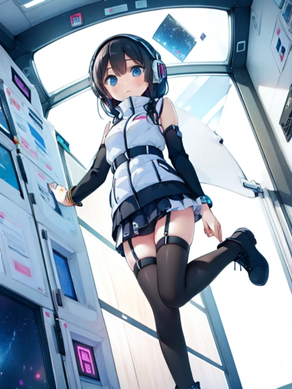 (Highest quality), (masterpiece), 1080P, High resolution, 4K, 8k, Inside the space station、Futuristic room、jumping:1.5,zero gravity,floating,Thigh straps, Shooting from directly below, The woman on top of me, 白いSweat, Covered , Sweat, Woman looking down, Skirt swimsuit, I can see your pants。BREAK black long sleeves,black tights,BREAK thigh-high socks, futuristic boots,headphone,To achieve this, , , whole body, Black leather shoes, Braided hair, Inner Color, Embarrassed face, Short black hair, bracelet, Bedroom,white downVest,celestial body_Vest
