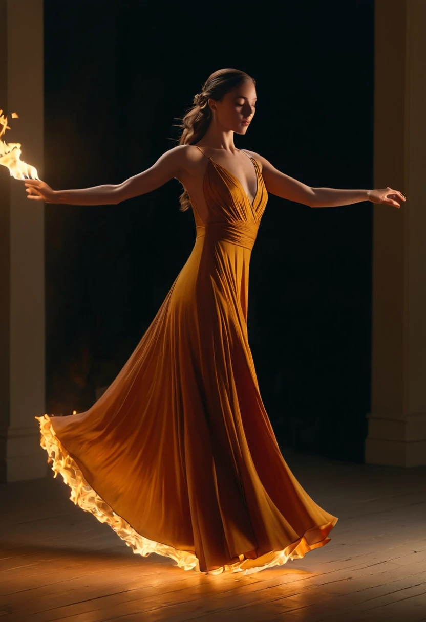 Medium shot video with smooth tracking, capturing her elegant movement, flowing dress, and the captivating flame. The camera circles around her, transitioning from a side profile to a frontal view. Warm, ambient lighting enhances the mystical atmosphere. Cinematic focus shifts, magical, enchanting, ethereal ambiance.