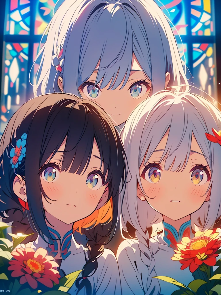kawaii, anime, Cute, hyper quality, highly detailed, 8k, Clarity, Draw facial expressions in detail, Two sisters with short light silver hair and closed eyes, Zinnia, colorful zinnias, upper body, close your eyes and say a prayer, collapsed church, Stained glass, light shines in, growing weeds, Close ~ eyes, praying expression, plain sister clothes, drawing two sisters, facing sideways, profile, pale lapis lazuli eyes, highlight on eyes, sad expression,