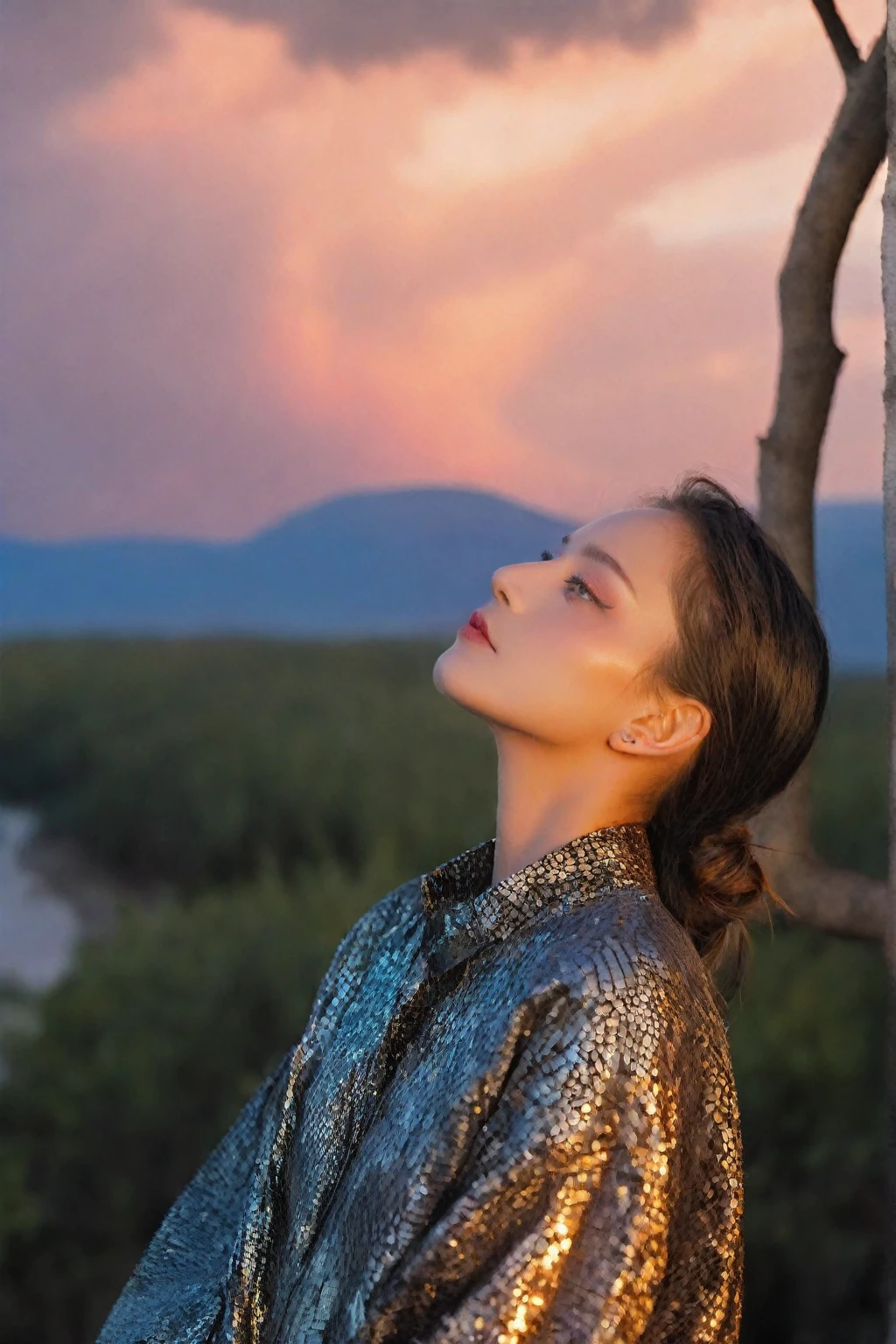 tree focus,Portrait,Emotionalization,Photography,style of Alessio Albi,golden hour,aesthetic of mosaic art,unconventional supreme masterpiece,masterful details,temperate atmosphere,(balanced center composition:0.5),with a high-end texture,in the style of fashion photography,magazine cover,Dynamic Angle,Dynamic posture,Perspective,High Point,pov,clouds on the ground,dark grey sky with neon orange clouds,glowing neon light orange and pink color tone,low saturations,dim lighting,