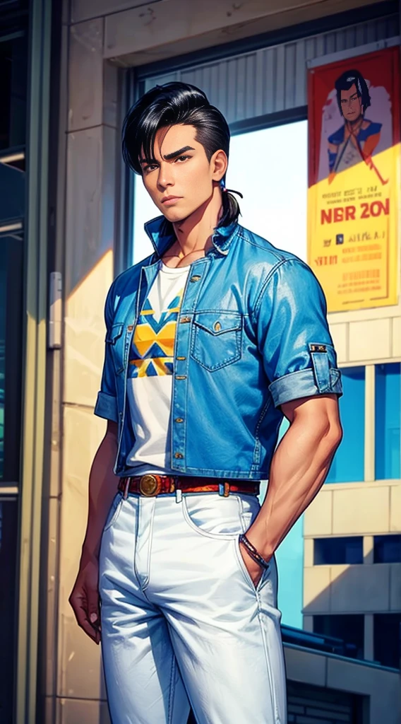 (best quality:1.1),original, 1man, A handsome man with medium skin, native American man with natural hair, short hair, Pumped Slick Back, broad shoulders, tall, masculine, dressed in blue urban clothes and demin jeans, cartoon,anime illustrations, style is abstract beauty, Sundaratang, charming character illustrations, folklore --ar 2:3 --v 6.0