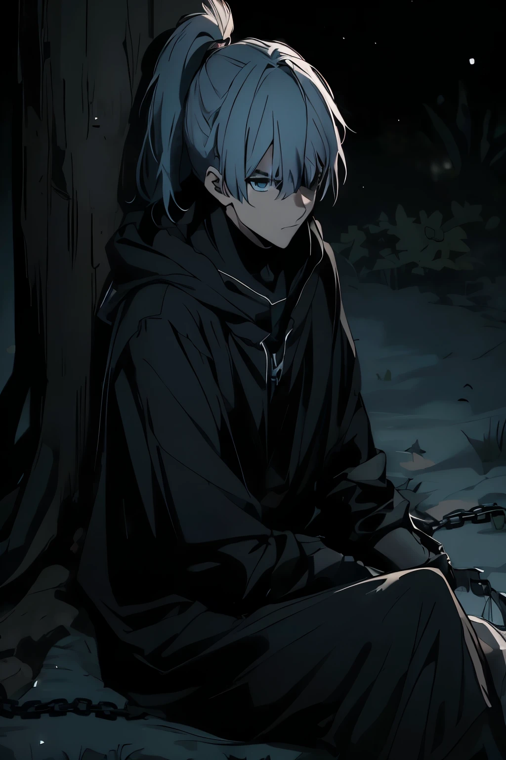 anime character, a person. 20-year-old man, large body, cold gaze, cold expression, messy gray hair, ponytail, left eye patch, black clothes, black shirt, dark cape with hood, chains. Side camera. Dark forest, at night, sitting on the dirt floor, back against a tree, relaxed. right leg extended, left leg flexed. Shining stars.