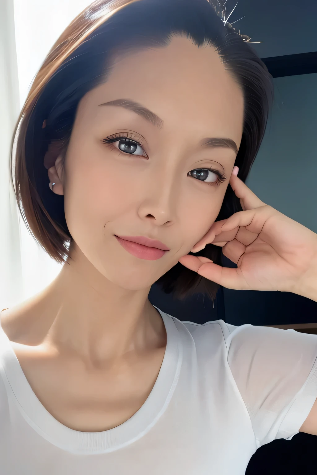 Beautiful Japanese Women、28 years old、Plain white T-shirt、(Yawn:1.4)、Light Brown Hair、hair slicked back、Drooping eyes、Brown eyes、Depth of written boundary、First Person View、 Perfect Makeup、Lip gloss、Short Hair、Combing her hair back、Close-up of face、