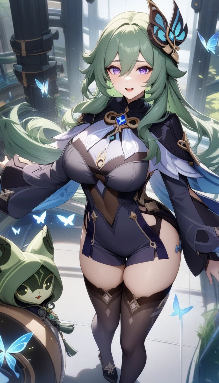 masterpiece, best quality, very aesthetic, absurdres, 1girl, mature_lady,,1girl, cuilein-anbar \(genshin impact\), genshin impact, green hair, purple eyes, long sleeves, hair ornament, long hair, jewelry, open mouth, thighhighs, capelet, hair between eyes,in recreational machine hall,luminous butterflies, fluttering butterflies,from above