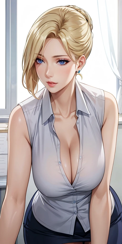 Elegant mature woman, milf, blue eyes, blonde hair, soft light, 4k resolution, high quality, beautiful cg