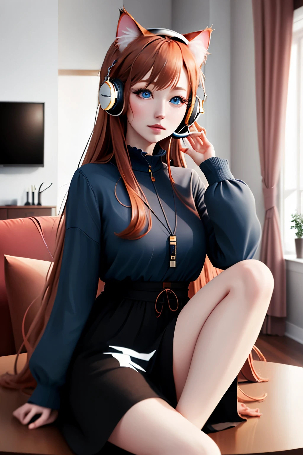 a one woman, russet hair, Super long hair, blue colored eyes, the longer, in a living room, cat ear headphones, wide shot, uhd, high quality, best quality, highres, 8k