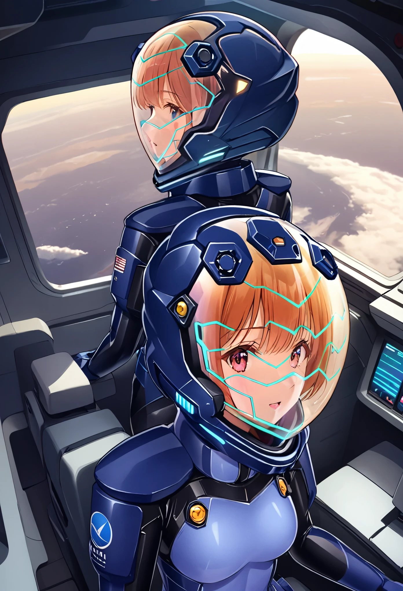 ((Female pilot in the cockpit of a reconnaissance plane), (airplane cockpit), (in flight), (10000 feet altitude)、(sky view):1.7),, short hair, street, emo, BLACK hair, white eyes, eyeliner, apocalypse, 2girl, nside the (cockpit:1.9) of a (futuristic spaceship:1.6), , blush covered navel, space helmet, muvluv, space helm, plug suit , space helmet, eva helm, space suit, short hair, blue bodysuit, visor helmet, from behind, 2girl, (MASK:1.7)