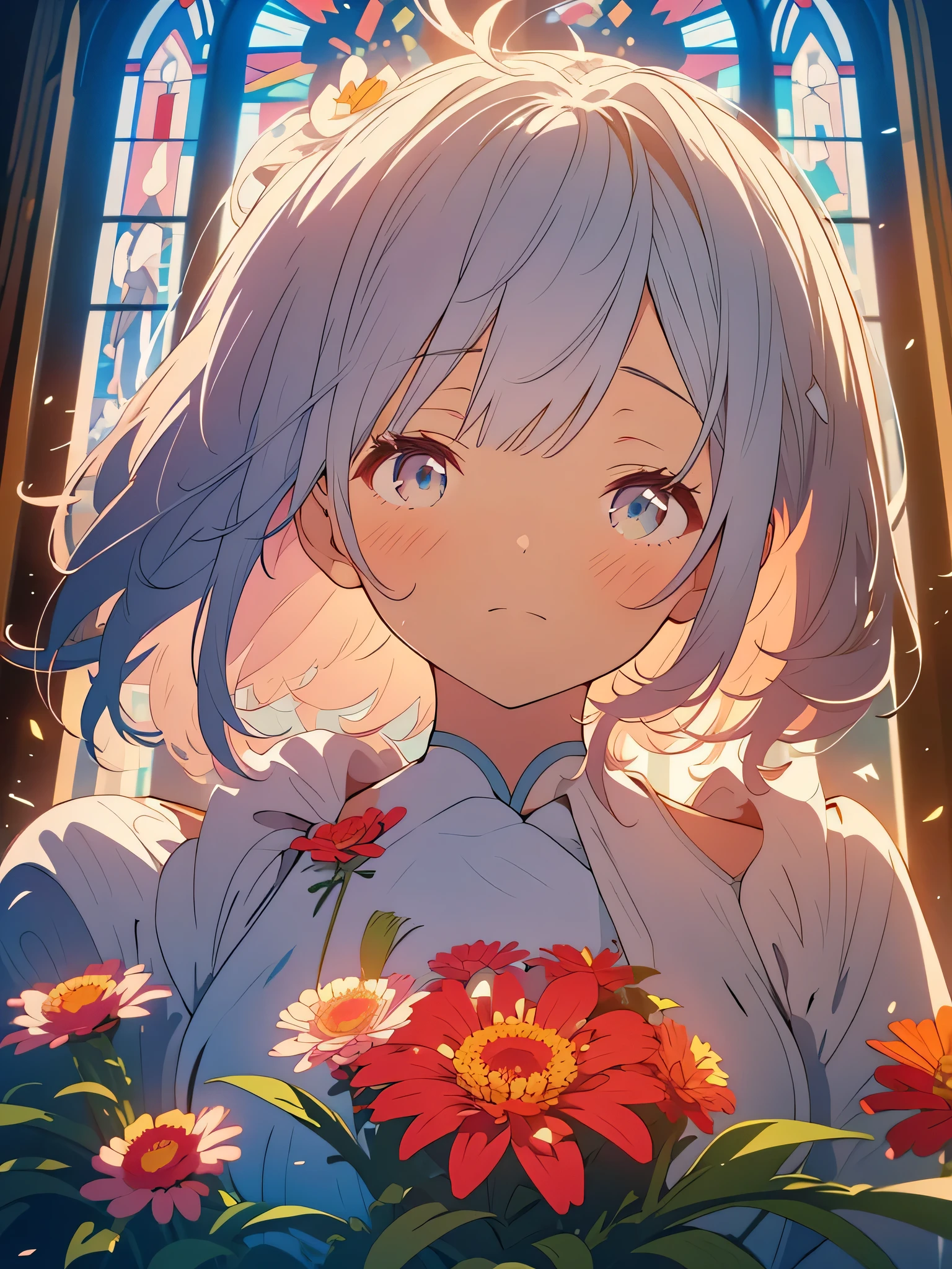 kawaii, anime, Cute, hyper quality, highly detailed, 8k, Clarity, Draw facial expressions in detail, Two sisters with short light silver hair and closed eyes, Zinnia, colorful zinnias, upper body, close your eyes and say a prayer, collapsed church, Stained glass, light shines in, growing weeds, Close ~ eyes, praying expression, plain sister clothes, drawing two sisters, facing sideways, profile, pale lapis lazuli eyes, highlight on eyes, sad expression,