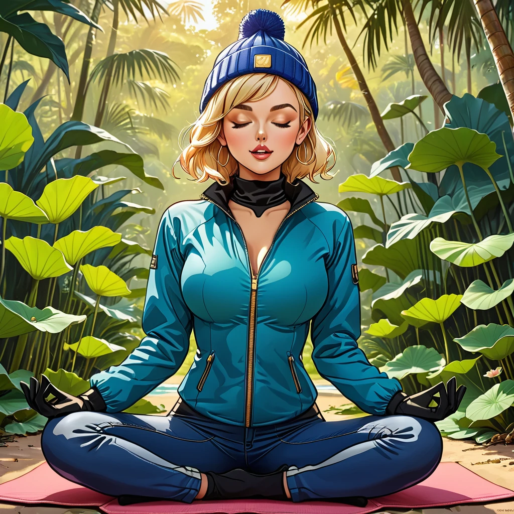 (((open mouth))), (fullbody), lotus pose,tropical green background, palm, tropical forest,((girl in Blue zipped up down winter jacket and black turtleneck )) and (jeans) and blue gloves and (((blue winter hat)))) in a lotus pose, adult, [Nordic], Hourglass elongated fitness body, perfect Olive skin, Oval Face, Long neck, Rounded shoulders, perfect hand, Attached Pointed ears, round forehead, (Short blonde Waves pixie hair), snub nose, Arched eyebrows, ((closed Eyes)), High Round Narrow cheekbones, Dimpled Cheeks, Rounded Chin, Rounded Jawline, Full nude Lips, (closed eyes), Nude Makeup Look, long eyelashes, third breast size, long slim fitness legs, graphic style of novel comics, perfect hands, 2d, 8k, hyperrealism, masterpiece, high resolution, best quality, ultra-detailed, super realistic, Hyperrealistic art, high-quality, ultra high res, highest detailed, lot of details, Extremely high-resolution details, incredibly lifelike, colourful, soft cinematic light,