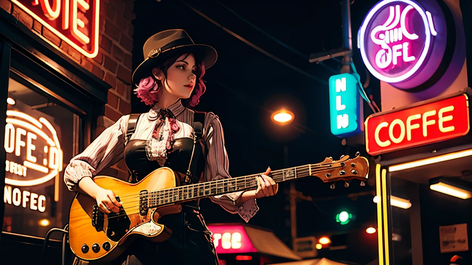 a woman in country style clothes holding a bass guitar in front of a coffee shop with a neon sign in lofi cyberpunk style