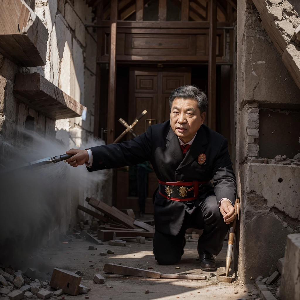 president of china destroys a monastery with a hammer with the face of karl marx