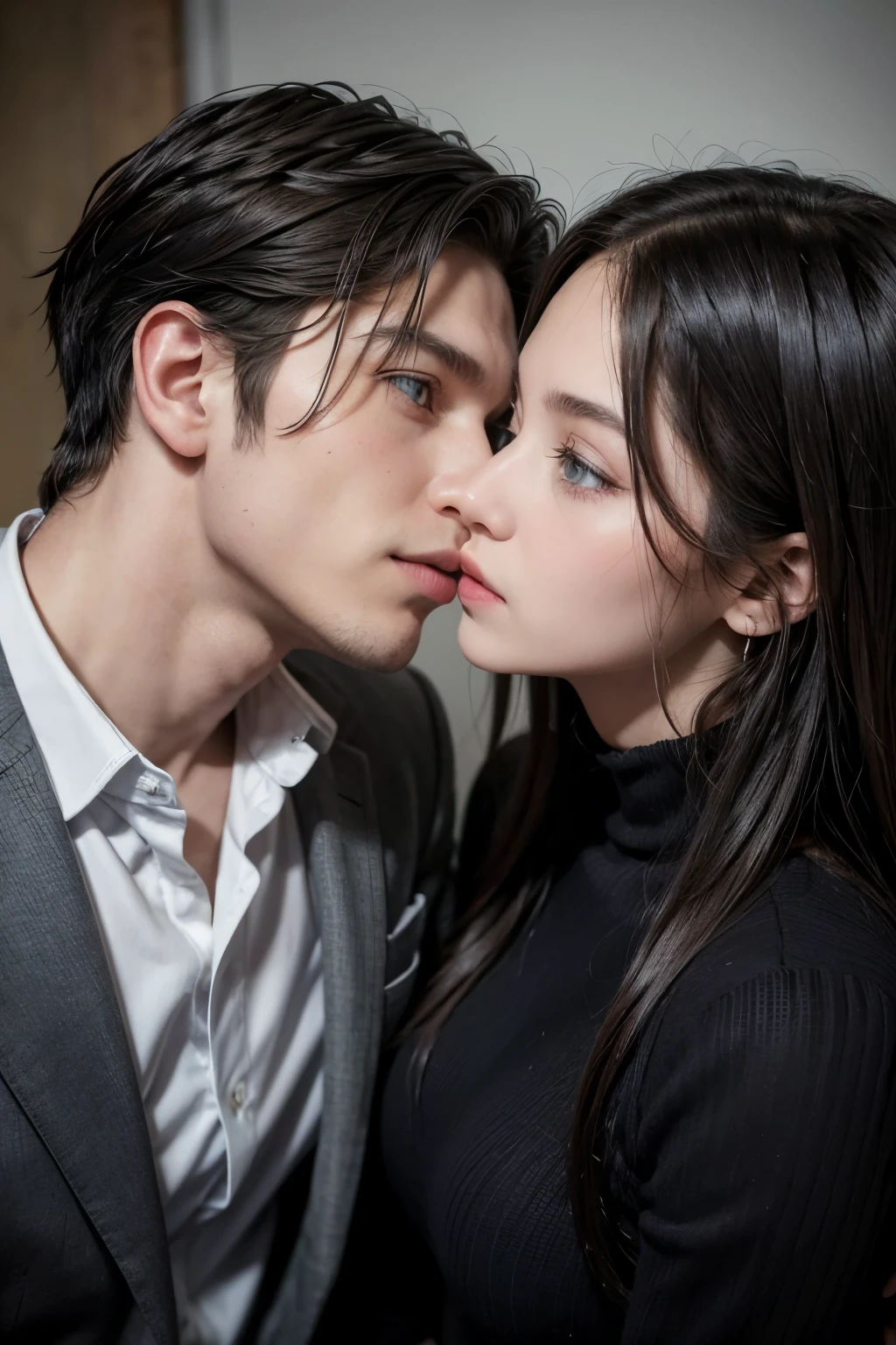 He is a cold and confident man, he always dresses formally. He has never had a relationship with a woman before, He's wearing a black suit, he has piercing blue-gray eyes, brown hair neatly combed back. In front of you there is a beautiful woman, she has long black hair, green eyes, she is beautiful. They two are kissing with love.