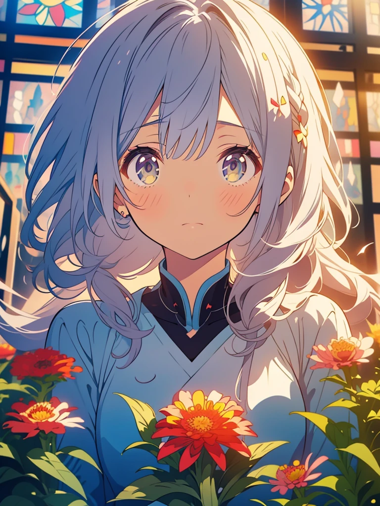 kawaii, anime, Cute, hyper quality, highly detailed, 8k, Clarity, Draw facial expressions in detail, Two sisters with short light silver hair and closed eyes, Zinnia, colorful zinnias, upper body, close your eyes and say a prayer, collapsed church, Stained glass, light shines in, growing weeds, Close ~ eyes, praying expression, plain sister clothes, drawing two sisters, facing sideways, profile, pale lapis lazuli eyes, highlight on eyes, sad expression, 