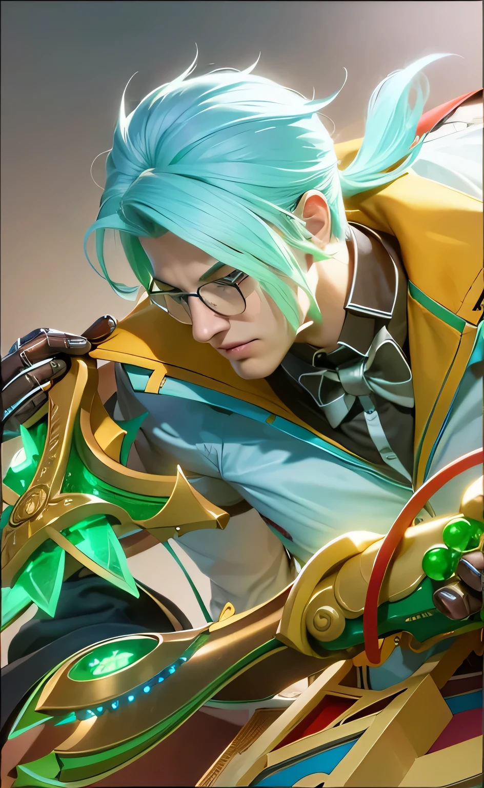 The image features a character with blonde hair and glasses, wearing a suit with a yellow bow tie, and holding a sword, Best quality, masterpiece, detailed skin texture, detailed clothes texture, detailed face, super detail, 8k, intricate detail, 1 boy, The color doesn't change, Muscle guy, 1 guy
