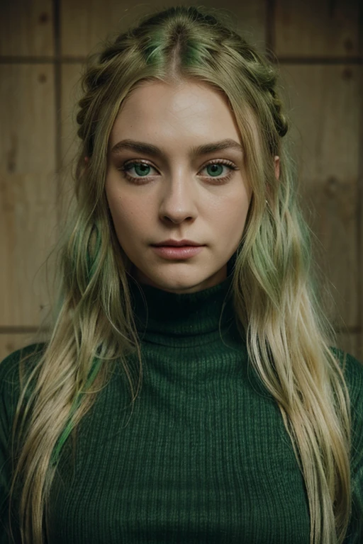 blonde woman with green hair and black turtle neck top, green wavy hair, green highlights, blonde hair, green eyes, green hair, bright green hair, green flowing hair, long green hair, Sophie Turner, Sophie Turner girl, Portrait of Anasophia Robb, long curly green hair, Saoirse Ronan, Portrait of Elle Fanning, long glowing multi-colored hair, color portrait