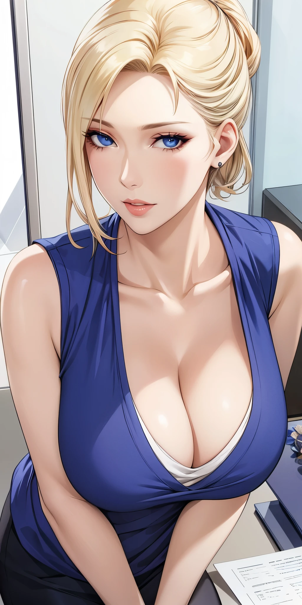 Elegant mature woman, milf, blue eyes, blonde hair, soft light, 4k resolution, high quality, beautiful cg