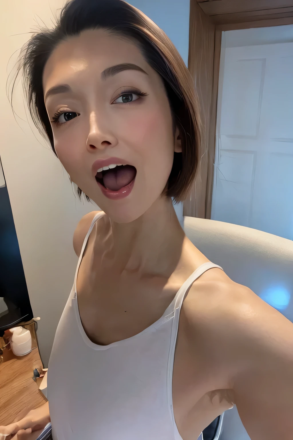 (Yawning:1.4)、Beautiful Japanese Women、28 years old、Plain white T-shirt、Light Brown Hair、hair slicked back、Drooping eyes、Brown eyes、Depth of written boundary、First Person View、 Perfect Makeup、Lip gloss、Short Hair、Combing her hair back、Close-up of face、