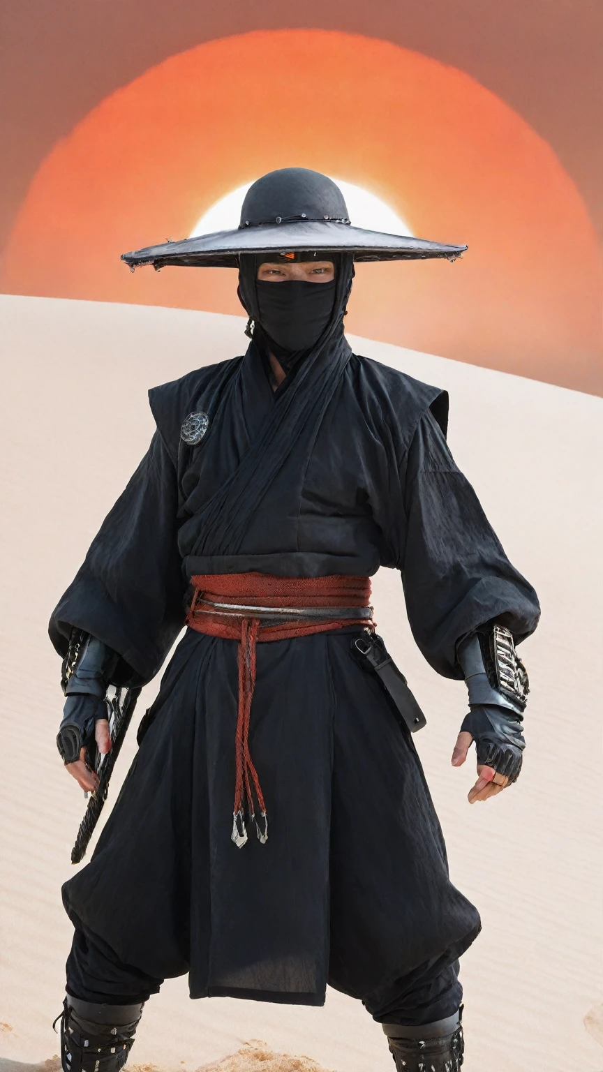 Capture the essence of a weathered,worn-out cyborg ninja amidst a swirling dust and electricity storm. Bent forward,obscured beneath a large,round sedge hat,their face barely visible. With arms outstretched,each hand holds a hovering,semi-molten red-gray orb. Against the backdrop of the sun,they stand in a desolate,bleached white sand desert.,