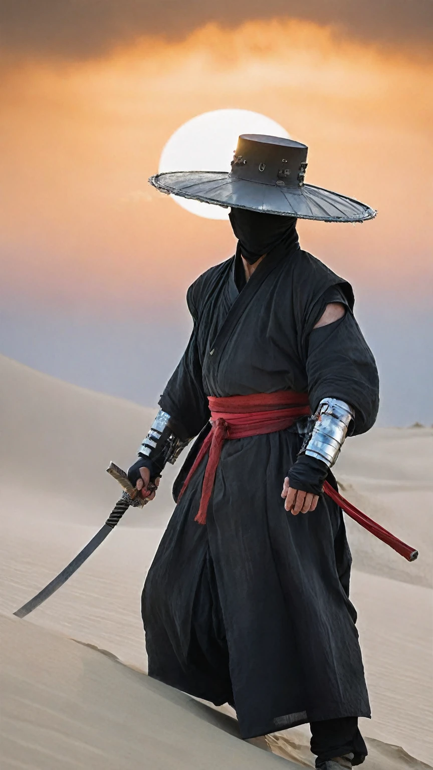 Capture the essence of a weathered,worn-out cyborg ninja amidst a swirling dust and electricity storm.  Bent forward,obscured beneath a large,round sedge hat,their face barely visible.  With arms outstretched,each hand holds a hovering,semi-molten red-gray orb.  Against the backdrop of the sun,they stand in a desolate,bleached white sand desert.,