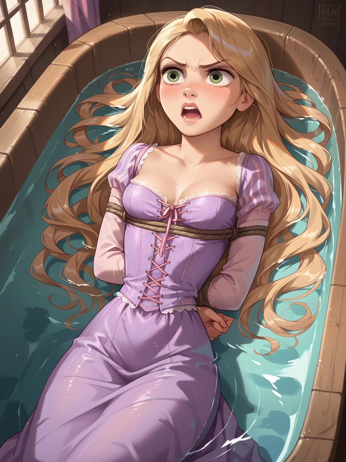 score_9, score_8_up, score_7_up, 1girl ,rapunzel, bondage breast, rope bondage, dress, angry face, open mouth, hands behind back, arms bound, on back, lay back, leaning on bath up, bath up, drown, water over body, in bath up, grabbing breast