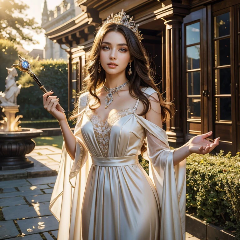 (masterpiece, best quality:1.5), highest quality, High resolution, super detailed, Realists, Upper body photo of a brunette sorceress, detailed and beautiful eyes, beautiful detailed lips, very detailed eyes and face, longeyelashes, shiny satin dress, Holds a magic wand in his hand and performs a spell (Magic wand present and glowing) Beautiful and colorful makeup, elegant and noble々The jewelry bag, Gardens as background, soft daylight, bright colors, fine brushstrokes, Portrait style, Silk dress fabric, beautiful color palette, glowing skin, First-class rendering, that captures every detail, enchanting atmosphere, subtle shadows and lights, (perfect anatomy:1.2), (The stunning sorceress transforms a dress) (eine Transformation):1.4), (magnificent panorama view:1.2)